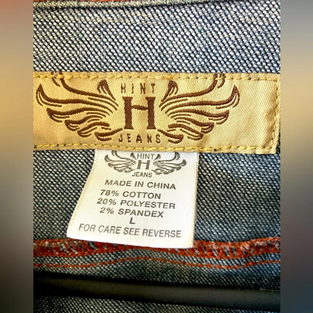 Cropped denim jacket w/ small edgy studs. Red & yellow stitching. Distressed - Picture 6 of 11